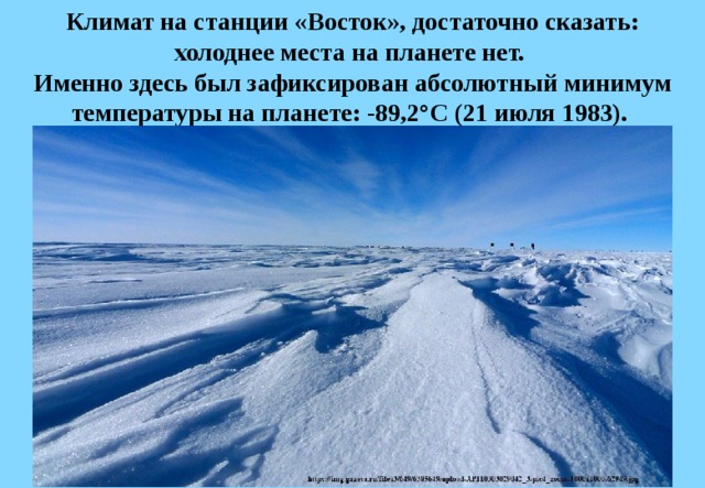   Климат на станции «Восток», достаточно сказать:  холоднее места на планете нет.  Именно здесь был зафиксирован абсолютный минимум температуры на планете: -89,2°C (21 июля 1983). 