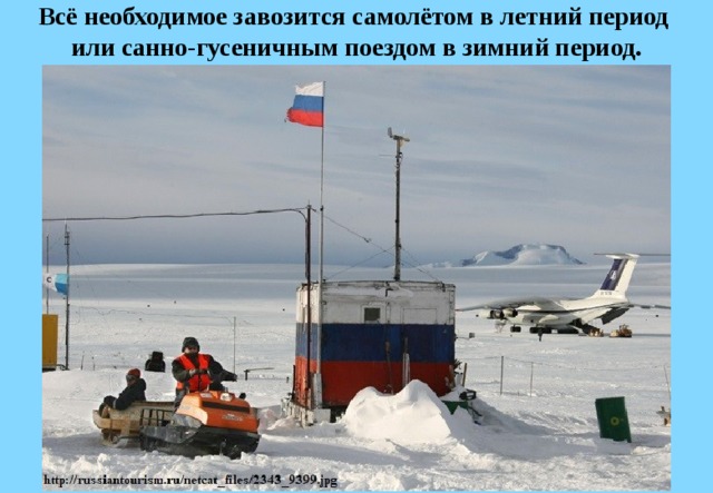 Всё необходимое завозится самолётом в летний период  или санно-гусеничным поездом в зимний период. 