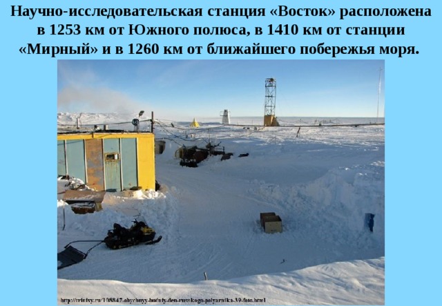 Научно-исследовательская станция «Восток» расположена в 1253 км от Южного полюса, в 1410 км от станции «Мирный» и в 1260 км от ближайшего побережья моря.  