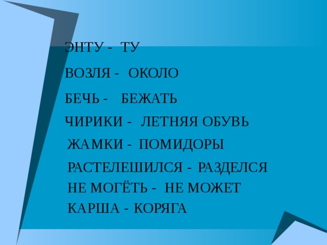 ЭНТУ - ТУ ВОЗЛЯ - ОКОЛО БЕЧЬ - БЕЖАТЬ ЛЕТНЯЯ ОБУВЬ ЧИРИКИ - ЖАМКИ - ПОМИДОРЫ РАСТЕЛЕШИЛСЯ - РАЗДЕЛСЯ НЕ МОГЁТЬ - НЕ МОЖЕТ КАРША - КОРЯГА