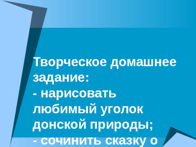 Творческое домашнее задание:  - нарисовать любимый уголок донской природы;  - сочинить сказку о казаках.