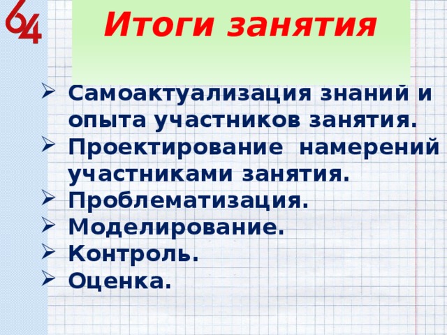 Итоги занятия   Самоактуализация знаний и опыта участников занятия. Проектирование намерений участниками занятия. Проблематизация. Моделирование. Контроль. Оценка. 