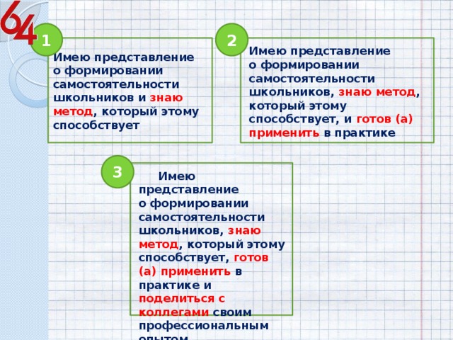 1 2 Имею представление о формировании самостоятельности школьников и знаю метод , который этому способствует Имею представление о формировании самостоятельности школьников, знаю метод , который этому способствует, и готов (а) применить в практике 3  Имею представление о формировании самостоятельности школьников, знаю метод , который этому способствует, готов (а) применить в практике и поделиться с коллегами своим профессиональным опытом 