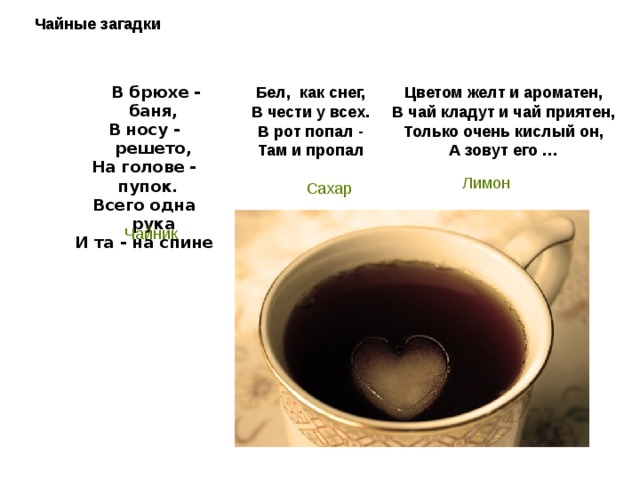 Чайные загадки   В брюхе - баня, В носу - решето, На голове - пупок.   Всего одна рука И та - на спине Бел,  как снег, В чести у всех. В рот попал - Там и пропал  Цветом желт и ароматен, В чай кладут и чай приятен, Только очень кислый он, А зовут его …  Лимон  Сахар Чайник 