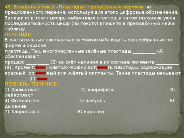 46. Вставьте в текст «Пластиды» пропущенные термины из предложенного перечня, используя для этого цифровые обозначения. Запишите в текст цифры выбранных ответов, а затем получившуюся последовательность цифр (по тексту) впишите в приведённую ниже таблицу. ПЛАСТИДЫ В растительных клетках часто можно наблюдать разнообразные по форме и окраске пластиды. Так, многочисленные зелёные пластиды __________ (А) обеспечивают процесс __________ (Б) за счёт наличия в их составе пигмента __________ (В). Кроме того, в клетках можно встретить пластиды, содержащие красный, оранжевый или жёлтый пигменты. Такие пластиды называют __________ (Г). ПЕРЕЧЕНЬ ТЕРМИНОВ: 1) Хромопласт 2) хлорофилл 3) лейкопласт 4) Фотосинтез 5) вакуоль 6) дыхание 7) Хлоропласт 8) каротин 
