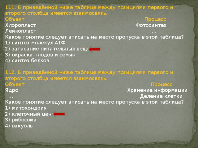 111. В приведённой ниже таблице между позициями первого и второго столбца имеется взаимосвязь. Объект Процесс Хлоропласт Фотосинтез Лейкопласт … Какое понятие следует вписать на место пропуска в этой таблице? 1) синтез молекул АТФ 2) запасание питательных веществ 3) окраска плодов и семян 4) синтез белков 112. В приведённой ниже таблице между позициями первого и второго столбца имеется взаимосвязь. Объект Процесс Ядро Хранение информации … Деление клетки Какое понятие следует вписать на место пропуска в этой таблице? 1) митохондрия 2) клеточный центр 3) рибосома 4) вакуоль 