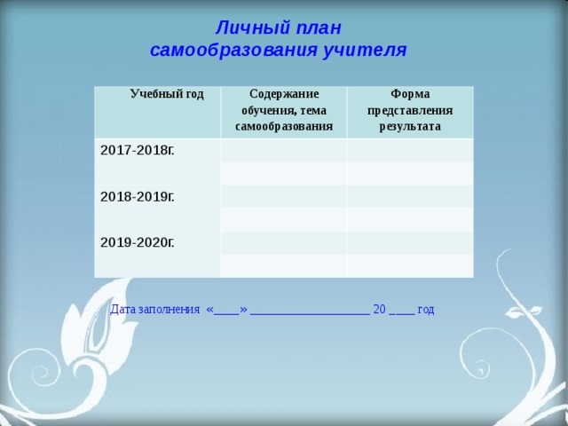 Личный план самообразования учителя  Учебный год Содержание обучения, тема самообразования 2017-2018г. Форма представления результата 2018-2019г. 2019-2020г. Дата заполнения « ____ » ___________________ 20 ____ год 