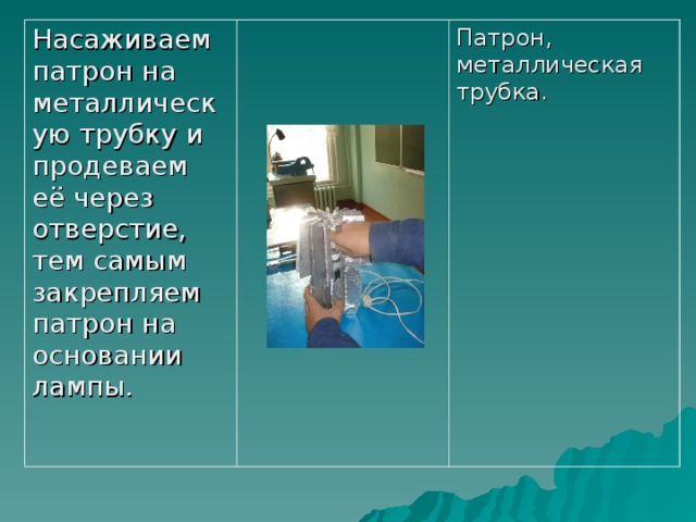 Насаживаем патрон на металлическую трубку и продеваем её через отверстие, тем самым закрепляем патрон на основании лампы. Патрон, металлическая трубка. 