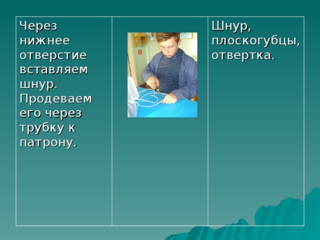 Через нижнее отверстие вставляем шнур. Продеваем его через трубку к патрону. Шнур, плоскогубцы, отвертка. 