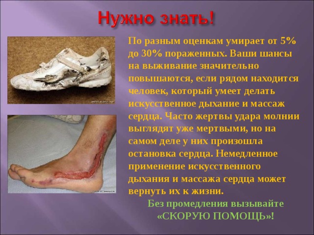 По разным оценкам умирает от 5% до 30% пораженных. Ваши шансы на выживание значительно повышаются, если рядом находится человек, который умеет делать искусственное дыхание и массаж сердца. Часто жертвы удара молнии выглядят уже мертвыми, но на самом деле у них произошла остановка сердца. Немедленное применение искусственного дыхания и массажа сердца может вернуть их к жизни. Без промедления вызывайте «СКОРУЮ ПОМОЩЬ»! 