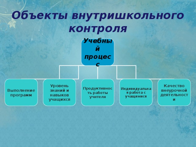 Объекты внутришкольного контроля Учебный  процесс Выполнение программ Уровень знаний и навыков учащихся Продуктивность работы учителя Индивидуальная работа с учащимися Качество внеурочной деятельности 