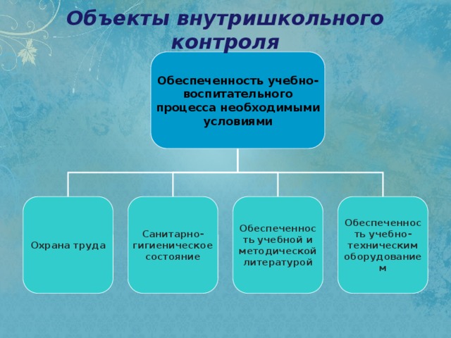 Объекты внутришкольного контроля Обеспеченность учебно-воспитательного процесса необходимыми условиями Охрана труда Санитарно-гигиеническое состояние Обеспеченность учебной и методической литературой Обеспеченность учебно-техническим оборудованием 