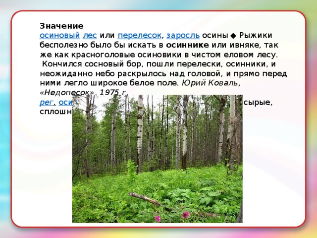 Значение осиновый   лес   или  перелесок ,  заросль  осины ◆ Рыжики бесполезно было бы искать в  осиннике  или ивняке, так же как красноголовые осиновики в чистом еловом лесу.  Кончился сосновый бор, пошли перелески, осинники, и неожиданно небо раскрылось над головой, и прямо перед ними легло широкое белое поле.  Юрий Коваль, «Недопесок», 1975 г.  рег .   осиновые   дрова , древесина осины ◆ Дрова сырые, сплошной  осинник 
