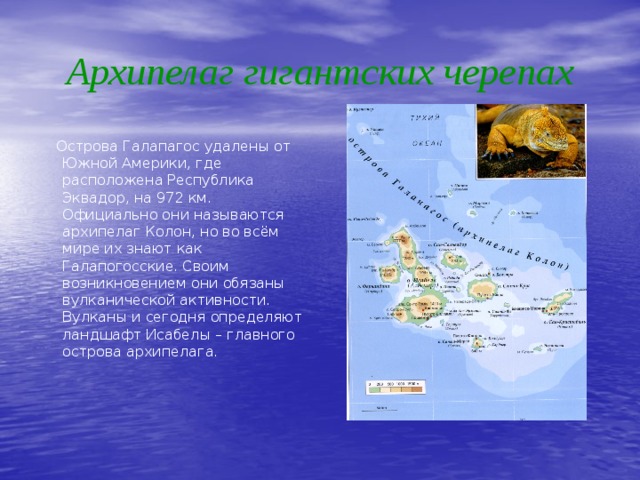 Архипелаг гигантских черепах  Острова Галапагос удалены от Южной Америки, где расположена Республика Эквадор, на 972 км. Официально они называются архипелаг Колон, но во всём мире их знают как Галапогосские. Своим возникновением они обязаны вулканической активности. Вулканы и сегодня определяют ландшафт Исабелы – главного острова архипелага. 