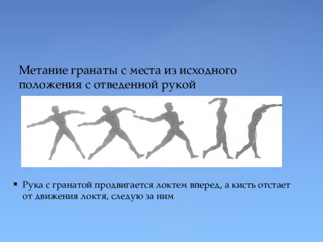 Метание гранаты с места из исходного положения с отведенной рукой Рука с гранатой продвигается локтем вперед, а кисть отстает от движения локтя, следую за ним 