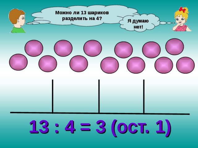 Можно ли 13 шариков разделить на 4? Я думаю нет! 13 : 4 = 3 (ост. 1) 