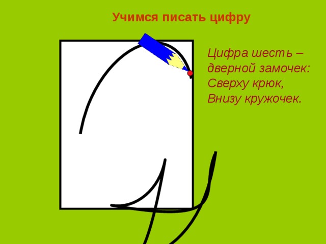 Учимся писать цифру Цифра шесть – дверной замочек: Сверху крюк, Внизу кружочек. 