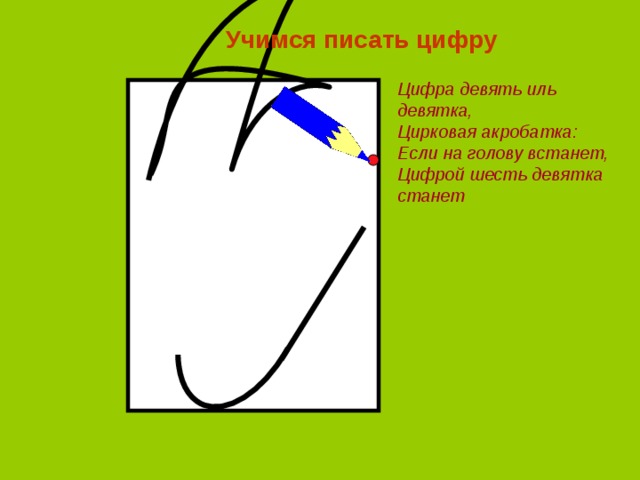 Учимся писать цифру Цифра девять иль девятка, Цирковая акробатка: Если на голову встанет, Цифрой шесть девятка станет 
