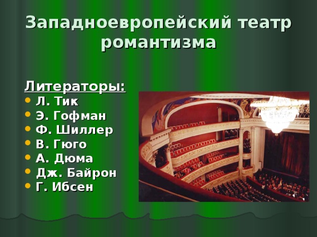 Западноевропейский театр романтизма  Литераторы: Л. Тик Э. Гофман Ф. Шиллер В. Гюго А. Дюма Дж. Байрон Г. Ибсен 