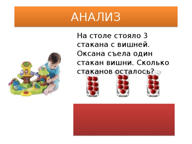 АНАЛИЗ На столе стояло 3 стакана с вишней. Оксана съела один стакан вишни. Сколько стаканов осталось?