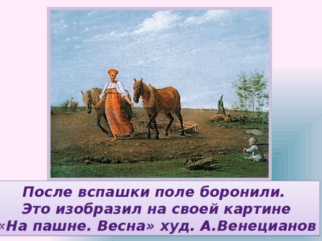 После вспашки поле боронили. Это изобразил на своей картине «На пашне. Весна» худ. А.Венецианов 