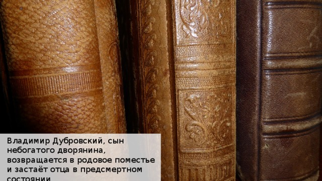 Владимир Дубровский, сын небогатого дворянина, возвращается в родовое поместье и застаёт отца в предсмертном состоянии. 