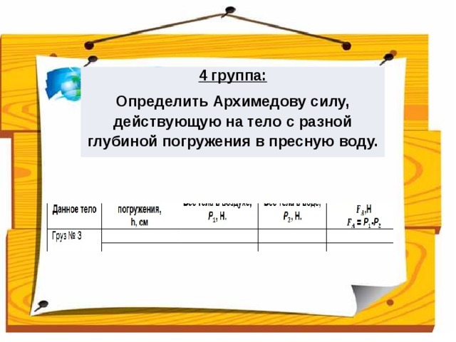 4 группа: Определить Архимедову силу, действующую на тело с разной глубиной погружения в пресную воду. 