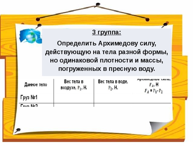 3 группа: Определить Архимедову силу, действующую на тела разной формы, но одинаковой плотности и массы, погруженных в пресную воду. 