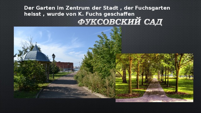 Der Garten im Zentrum der Stadt , der Fuchsgarten heisst , wurde von K. Fuchs geschaffen   