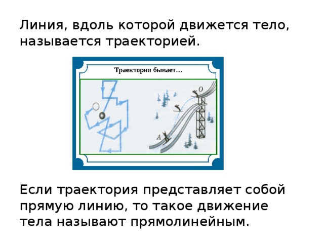 Линия, вдоль которой движется тело, называется траекторией. Если траектория представляет собой прямую линию, то такое движение тела называют прямолинейным. 
