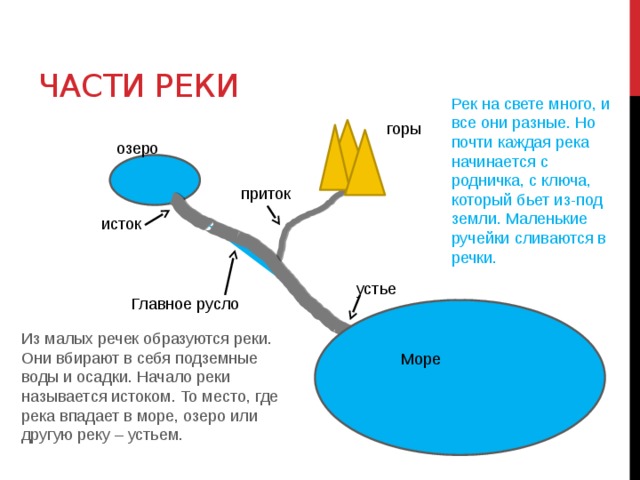 Особенности речной сети определяются не только климатом, но и рельефом. Рельеф оказывает влияние на направление и характер течения рек. Вода в реке движется под воздействием силы тяжести, из более высоких мест в более низкие. Особенности рельефа России таковы, что большинство рек текут на север. 