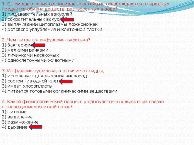 1. С помощью каких органоидов простейшие освобождаются от вредных продуктов обмена веществ, растворённых в воде? 1) пищеварительных вакуолей 2) сократительных вакуолей 3) выпячиваний цитоплазмы ложноножек 4) ротового углубления и клеточной глотки 2. Чем питается инфузория-туфелька? 1) бактериями 2) мелкими рачками 3) личинками насекомых 4) одноклеточными животными 3. Инфузория туфелька, в отличие от гидры, 1) использует для дыхания кислород 2) состоит из одной клетки 3) имеет хлоропласты 4) питается готовыми органическими веществами 4. Какой физиологический процесс у одноклеточных животных связан с поглощением клеткой газов? 1) питание 2) выделение 3) размножение 4) дыхание 