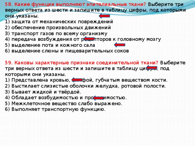 58. Какие функции выполняют эпителиальные ткани? Выберите три верных ответа из шести и запишите в таблицу цифры, под которыми они указаны. 1) защита от механических повреждений 2) обеспечение произвольных движений 3) транспорт газов по всему организму 4) передача возбуждения от рецепторов к головному мозгу 5) выделение пота и кожного сала 6) выделение слюны и пищеварительных соков 59. Каковы характерные признаки соединительной ткани? Выберите три верных ответа из шести и запишите в таблицу цифры, под которыми они указаны. 1) Представлена кровью, лимфой, губчатым веществом кости. 2) Выстилает слизистые оболочки желудка, ротовой полости. 3) Бывает жидкой и твёрдой. 4) Обладает возбудимостью и проводимостью. 5) Межклеточное вещество слабо выражено. 6) Выполняет транспортную функцию. 