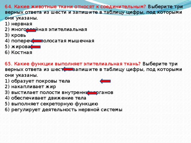 64. Какие животные ткани относят к соединительным? Выберите три верных ответа из шести и запишите в таблицу цифры, под которыми они указаны. 1) нервная 2) многослойная эпителиальная 3) кровь 4) поперечно-полосатая мышечная 5) жировая 6) Костная 65. Какие функции выполняет эпителиальная ткань? Выберите три верных ответа из шести и запишите в таблицу цифры, под которыми они указаны. 1) образует покровы тела 2) накапливает жир 3) выстилает полости внутренних органов 4) обеспечивает движение тела 5) выполняет секреторную функцию 6) регулирует деятельность нервной системы 