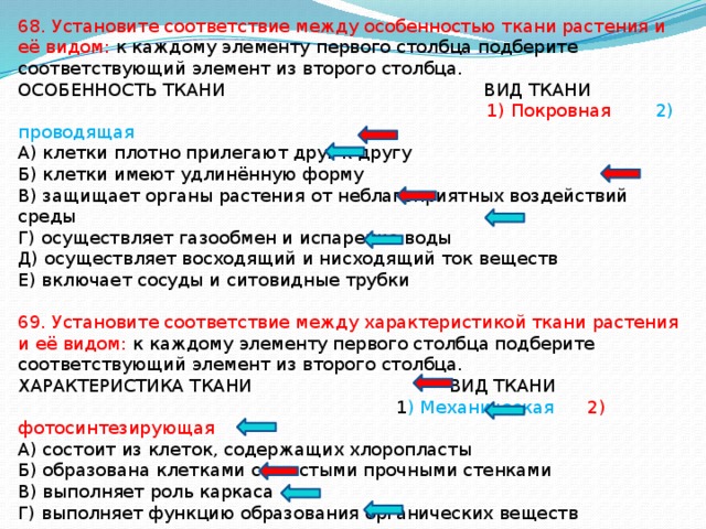 68. Установите соответствие между особенностью ткани растения и её видом: к каждому элементу первого столбца подберите соответствующий элемент из второго столбца. ОСОБЕННОСТЬ ТКАНИ ВИД ТКАНИ  1) Покровная 2) проводящая А) клетки плотно прилегают друг к другу Б) клетки имеют удлинённую форму В) защищает органы растения от неблагоприятных воздействий среды Г) осуществляет газообмен и испарение воды Д) осуществляет восходящий и нисходящий ток веществ Е) включает сосуды и ситовидные трубки 69. Установите соответствие между характеристикой ткани растения и её видом: к каждому элементу первого столбца подберите соответствующий элемент из второго столбца. ХАРАКТЕРИСТИКА ТКАНИ ВИД ТКАНИ  1 ) Механическая 2) фотосинтезирующая А) состоит из клеток, содержащих хлоропласты Б) образована клетками с толстыми прочными стенками В) выполняет роль каркаса Г) выполняет функцию образования органических веществ из неорганических на свету Д) служит опорой для растения Е) придаёт растению постоянную форму 
