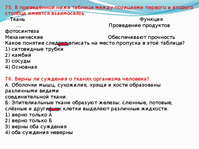 75. В приведённой ниже таблице между позициями первого и второго столбца имеется взаимосвязь.  Ткань Функция … Проведение продуктов фотосинтеза Механические Обеспечивают прочность Какое понятие следует вписать на место пропуска в этой таблице? 1) ситовидные трубки 2) камбий 3) сосуды 4) Основная 76. Верны ли суждения о тканях организма человека? А. Оболочки мышц, сухожилия, хрящи и кости образованы различными видами соединительной ткани. Б. Эпителиальные ткани образуют железы: слюнные, потовые, слёзные и другие, их клетки выделяют различные жидкости. 1) верно только А 2) верно только Б 3) верны оба суждения 4) оба суждения неверны 