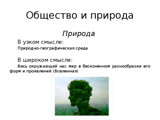 Общество и природа Природа В узком смысле: Природно-географическая среда В широком смысле: Весь окружающий нас мир в бесконечном разнообразии его форм и проявлений (Вселенная) 