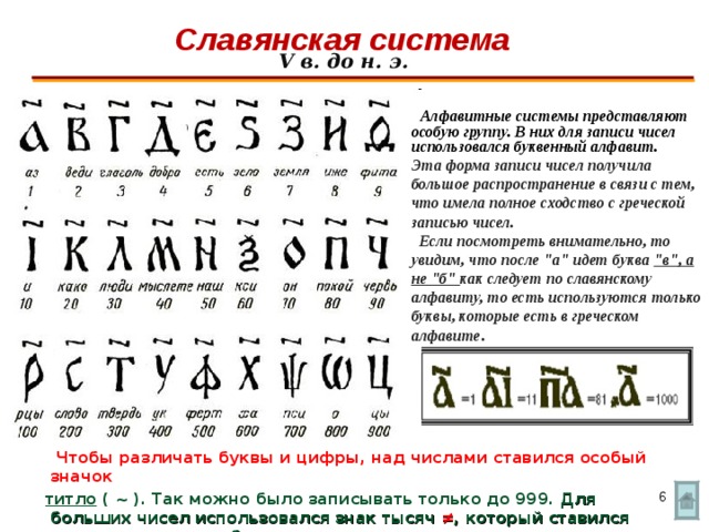 Славянская система V в. до н. э.  Алфавитные системы представляют особую группу. В них для записи чисел использовался буквенный алфавит. Эта форма записи чисел получила большое распространение в связи с тем, что имела полное сходство с греческой записью чисел.  Если посмотреть внимательно, то увидим, что после 