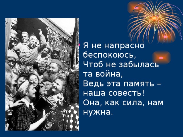 Я не напрасно беспокоюсь,  Чтоб не забылась та война,  Ведь эта память – наша совесть!  Она, как сила, нам нужна. 