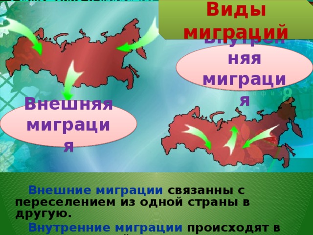 Виды миграций Внутренняя миграция Внешняя миграция Внешняя миграция Внешние миграции связанны с переселением из одной страны в другую. Внутренние миграции происходят в пределах одной страны.   