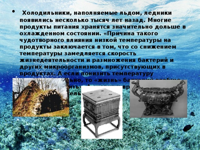  Холодильники, наполняемые льдом, ледники появились несколько тысяч лет назад. Многие продукты питания хранятся значительно дольше в охлажденном состоянии. «Причина такого чудотворного влияния низкой температуры на продукты заключается в том, что со снижением температуры замедляется скорость жизнедеятельности и размножения бактерий и других микроорганизмов, присутствующих в продуктах. А если понизить температуру достаточно сильно, то «жизнь» бактерий вообще можно остановить». А значит и время. Это мое второе доказательство. 