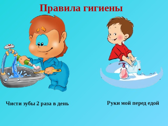 Правила гигиены Руки мой перед едой Чисти зубы 2 раза в день 