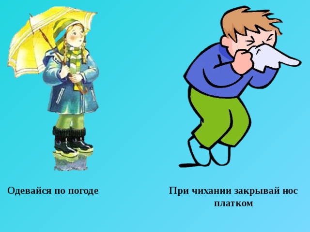 Одевайся по погоде При чихании закрывай нос платком 