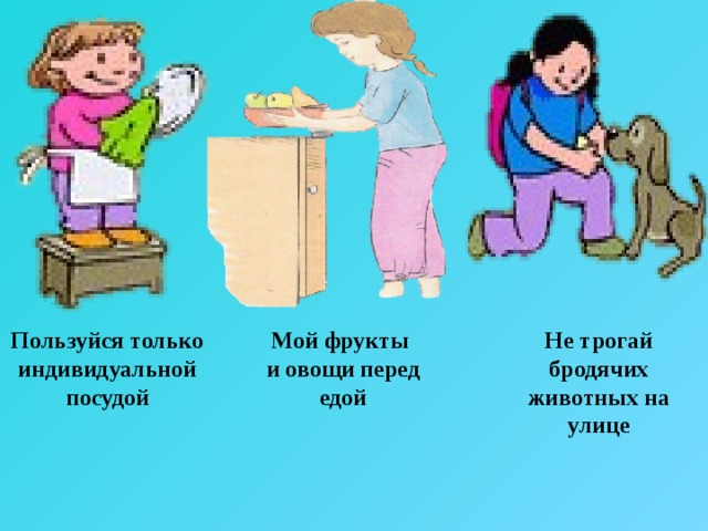 Не трогай бродячих животных на улице Мой фрукты и овощи перед едой Пользуйся только индивидуальной посудой 