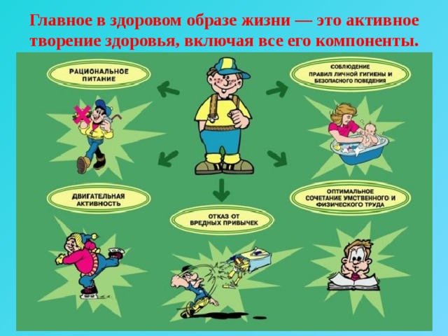 Главное в здоровом образе жизни — это активное творение здоровья, включая все его компоненты. 