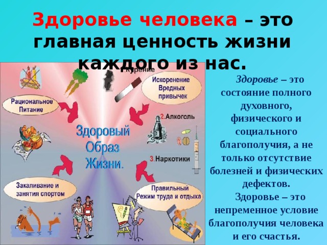 Здоровье человека – это главная ценность жизни каждого из нас.   Здоровье – это состояние полного духовного, физического и социального благополучия, а не только отсутствие болезней и физических дефектов.  Здоровье – это непременное условие благополучия человека и его счастья. 