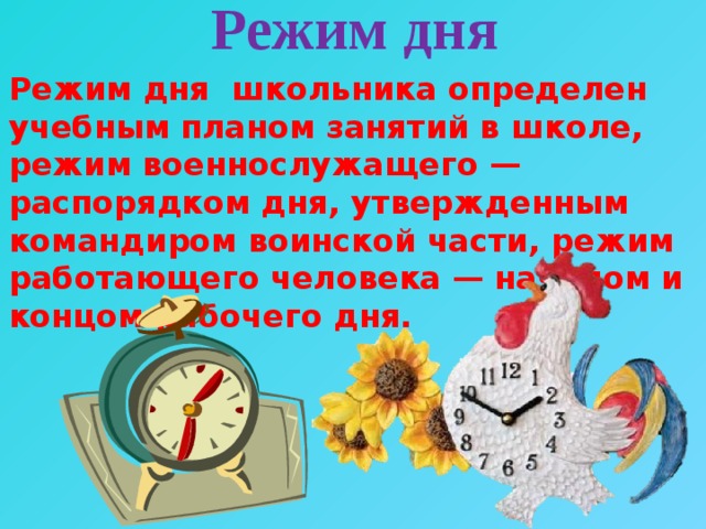 Режим дня Режим дня школьника определен учебным планом занятий в школе, режим военнослужащего — распорядком дня, утвержденным командиром воинской части, режим работающего человека — началом и концом рабочего дня. 