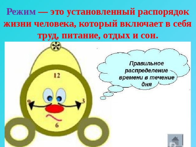 Режим — это установленный распорядок жизни человека, который включает в себя труд, питание, отдых и сон. 