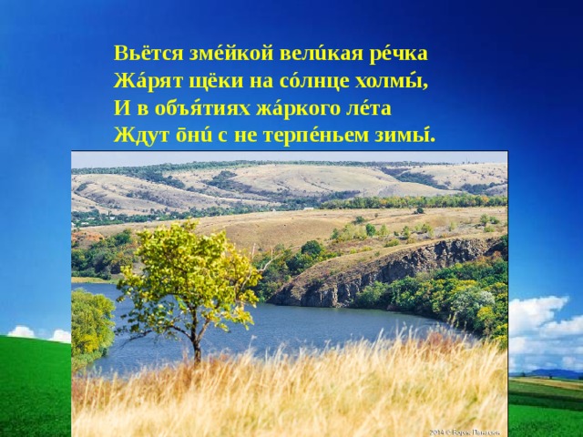 Вьётся змéйкой велúкая рéчка Жáрят щёки на сóлнце холмы, И в объятиях жáркого лéта Ждут ōнú с не терпéньем зимы. 