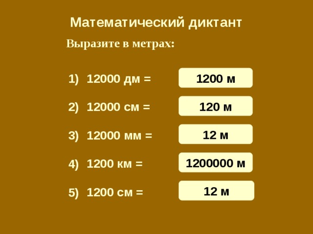 Математический  диктант Выразите в метрах: 1200 м 12000 дм = 1) 120 м 12000 см = 2) 12 м 12000 мм = 3) 1200000 м 1200 км = 4) 12 м 1200 см = 5) 
